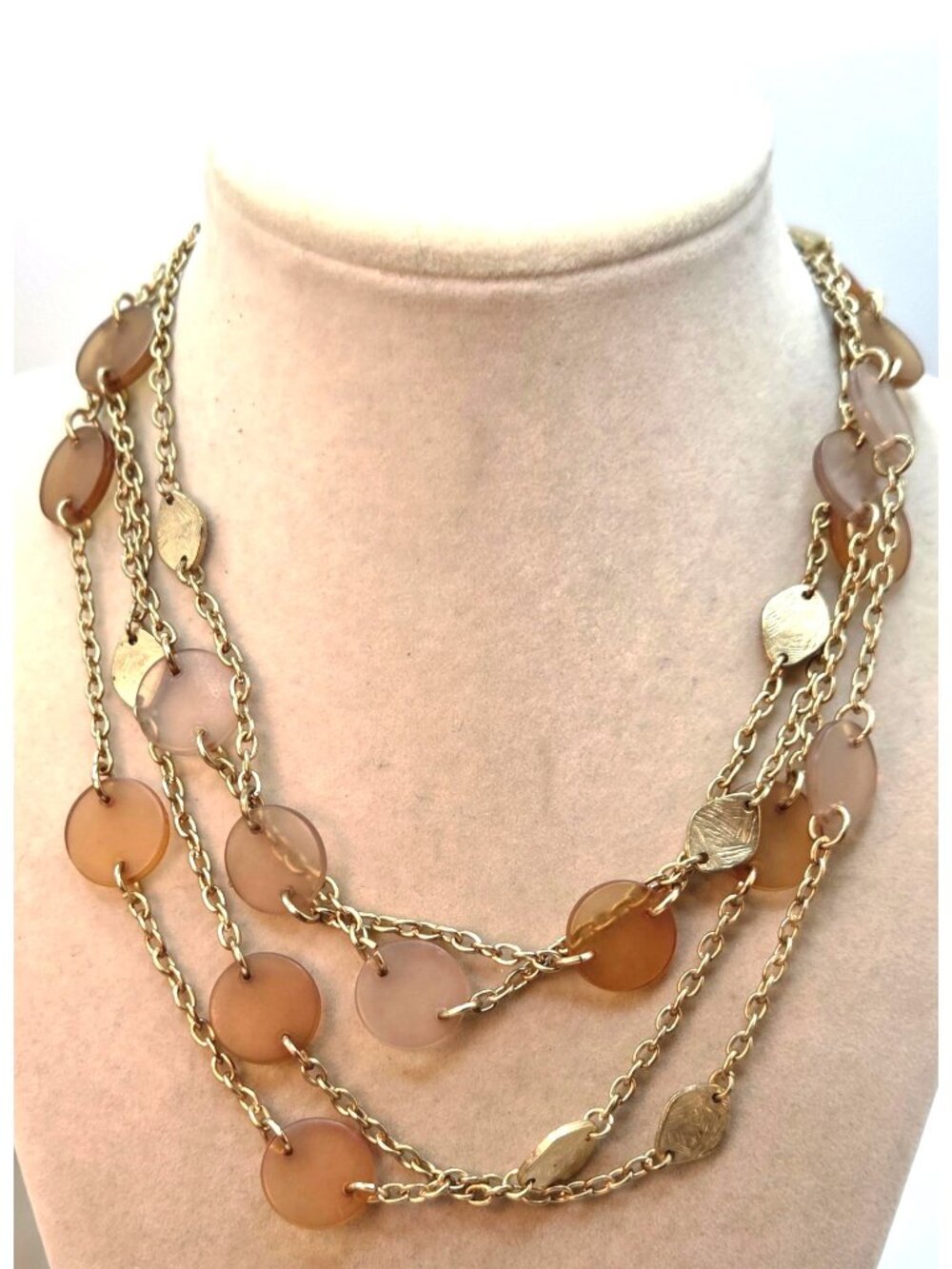 Layered Gold-Tone Chain Necklace With Brown Translucent Discs & Textured Accents